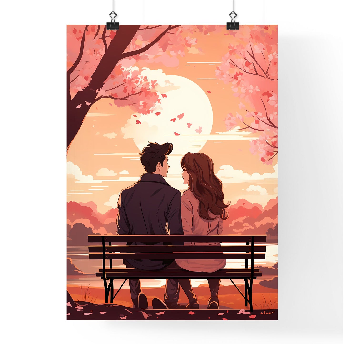 Man And Woman Sitting On A Bench Looking At The Sun Art Print Default Title