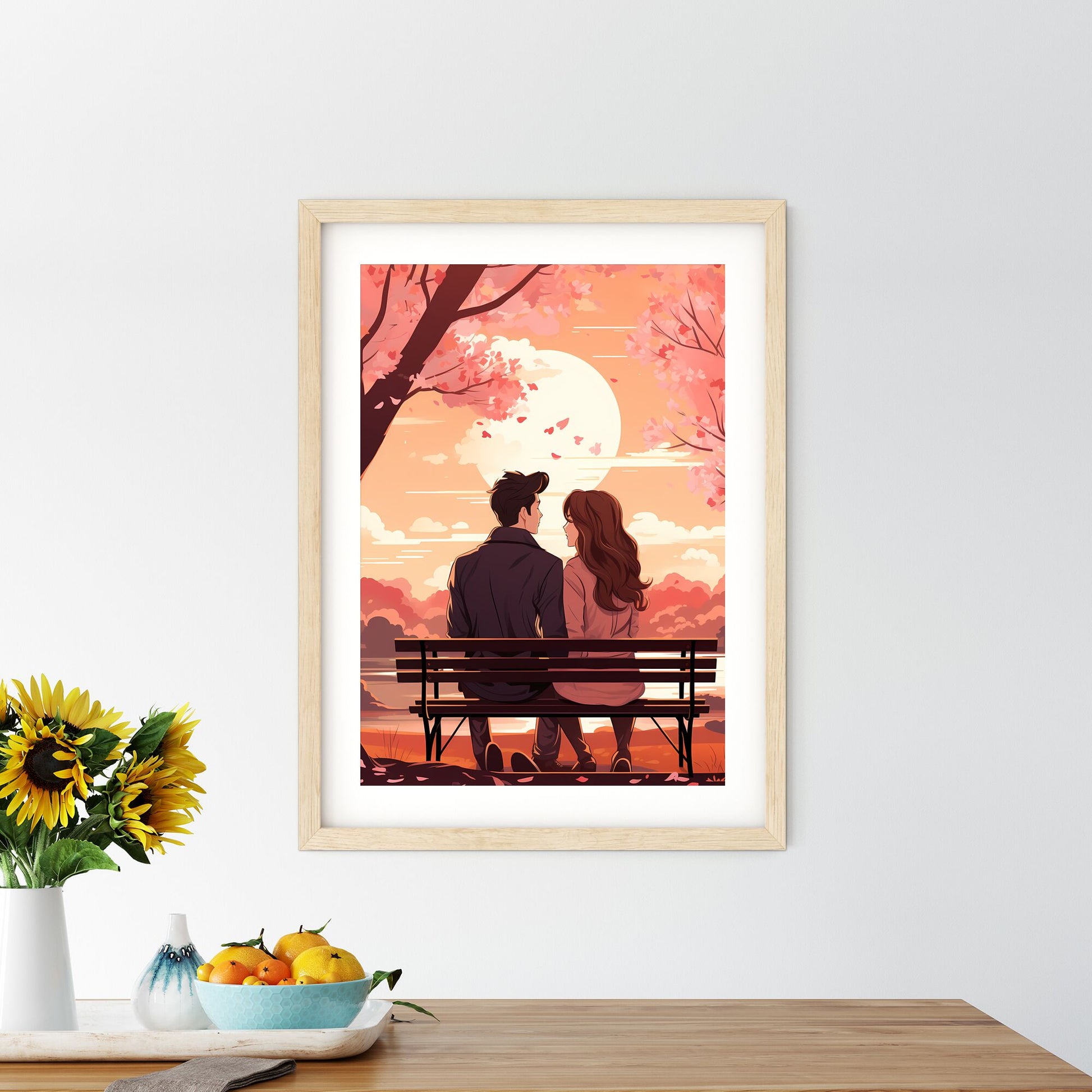 Man And Woman Sitting On A Bench Looking At The Sun Art Print Default Title