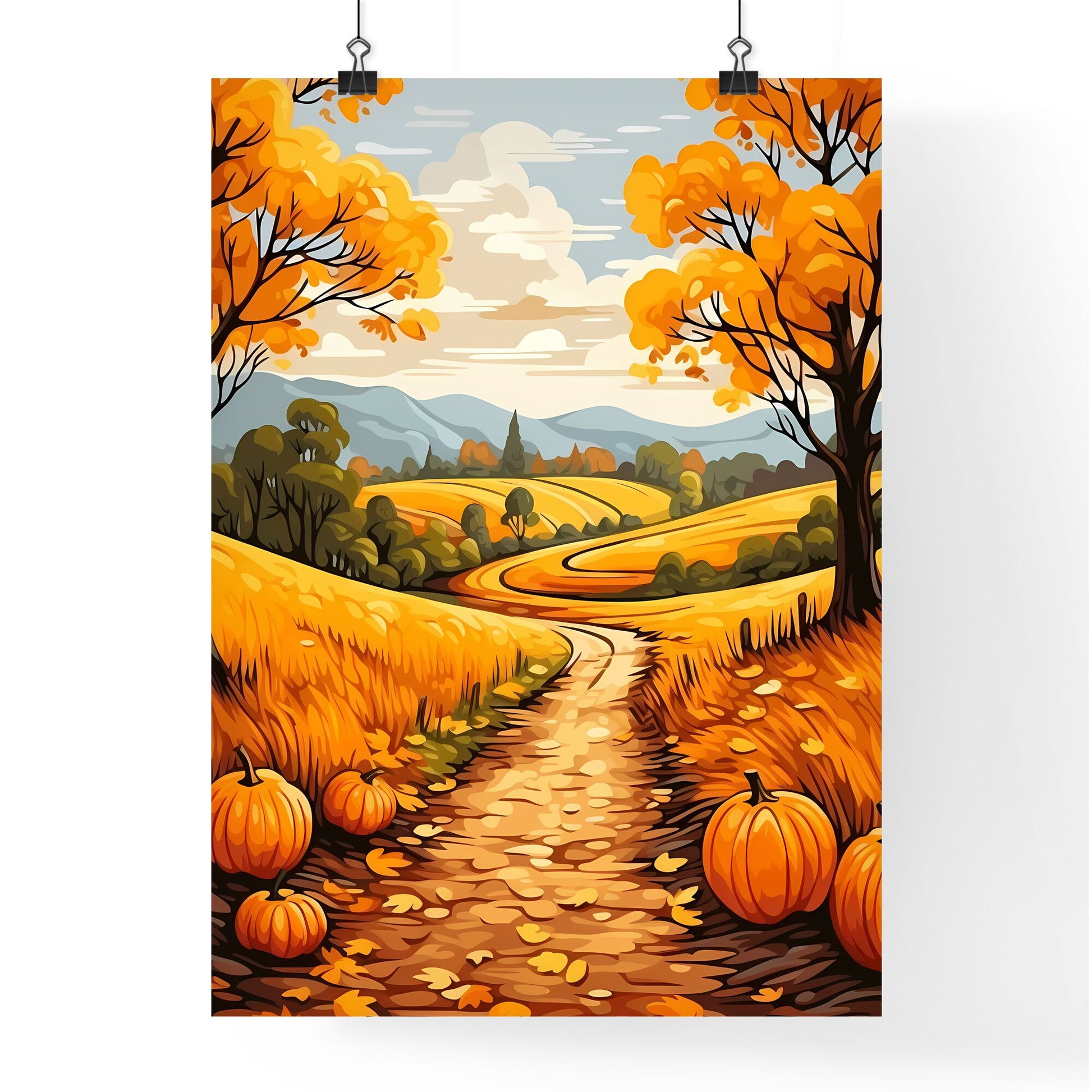 Road Through A Field With Pumpkins Art Print Default Title