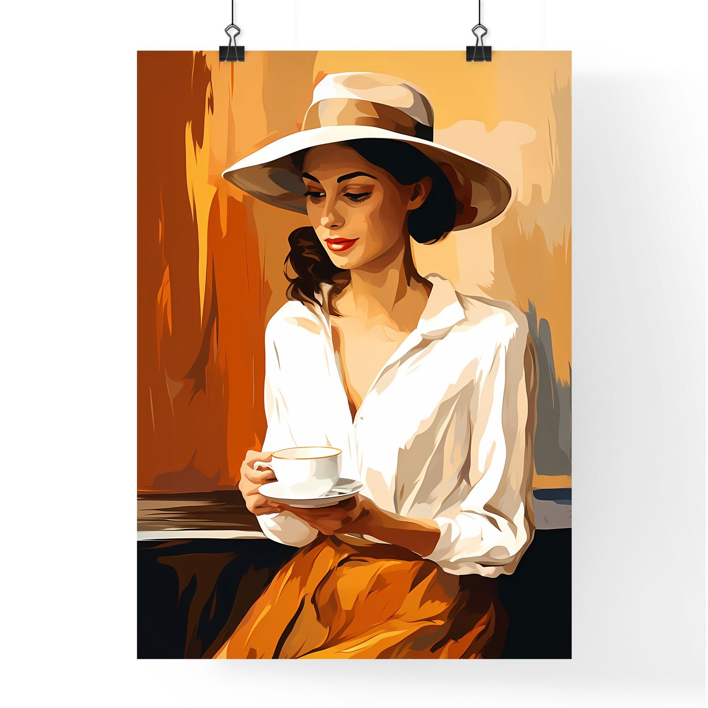 Woman In A Hat Holding A Cup Art Print Default Title