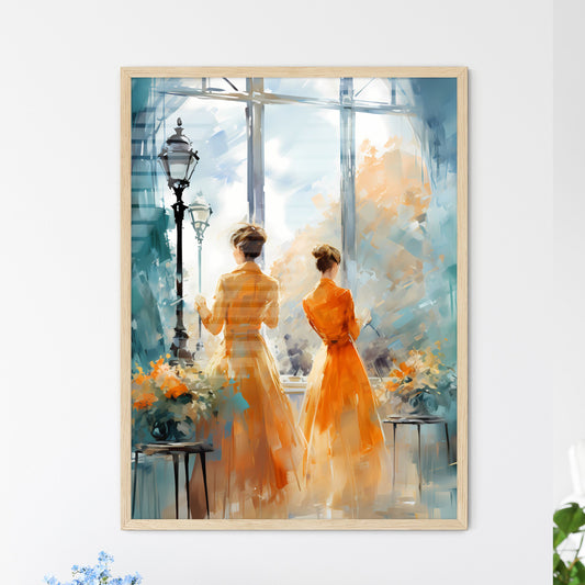 Two Women In Orange Dresses Looking Out A Window Art Print Default Title
