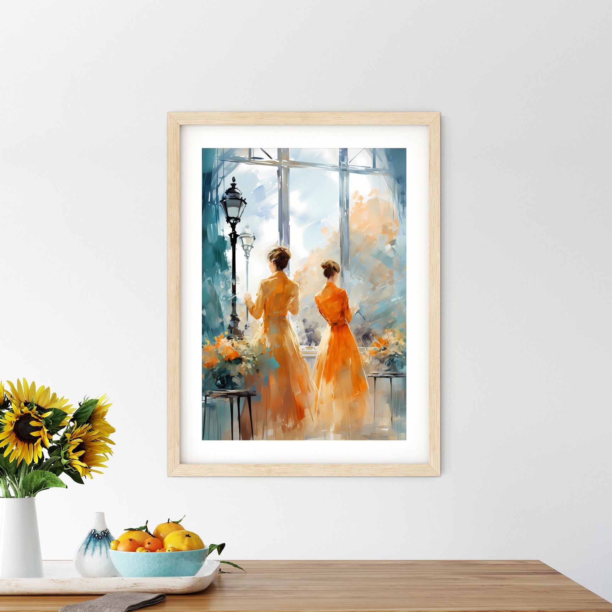 Two Women In Orange Dresses Looking Out A Window Art Print Default Title