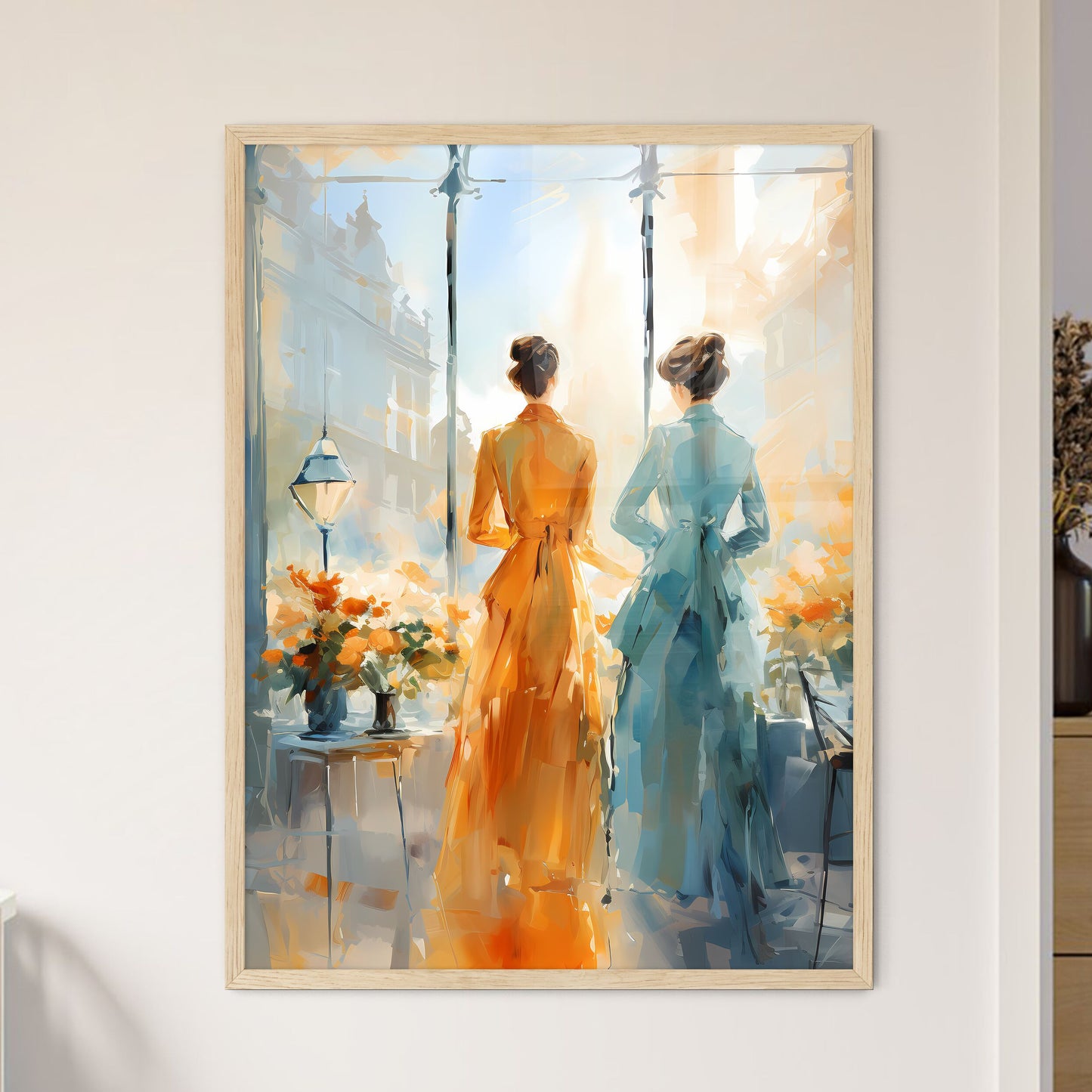 Two Women In Dresses Looking Out A Window Art Print Default Title