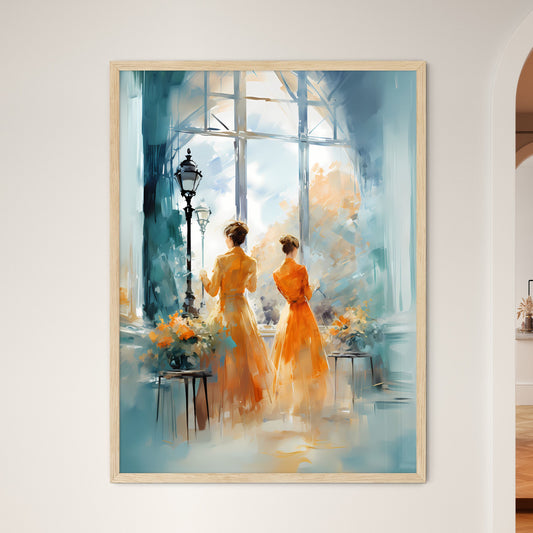 Two Women In Orange Dresses Looking Out A Window Art Print Default Title