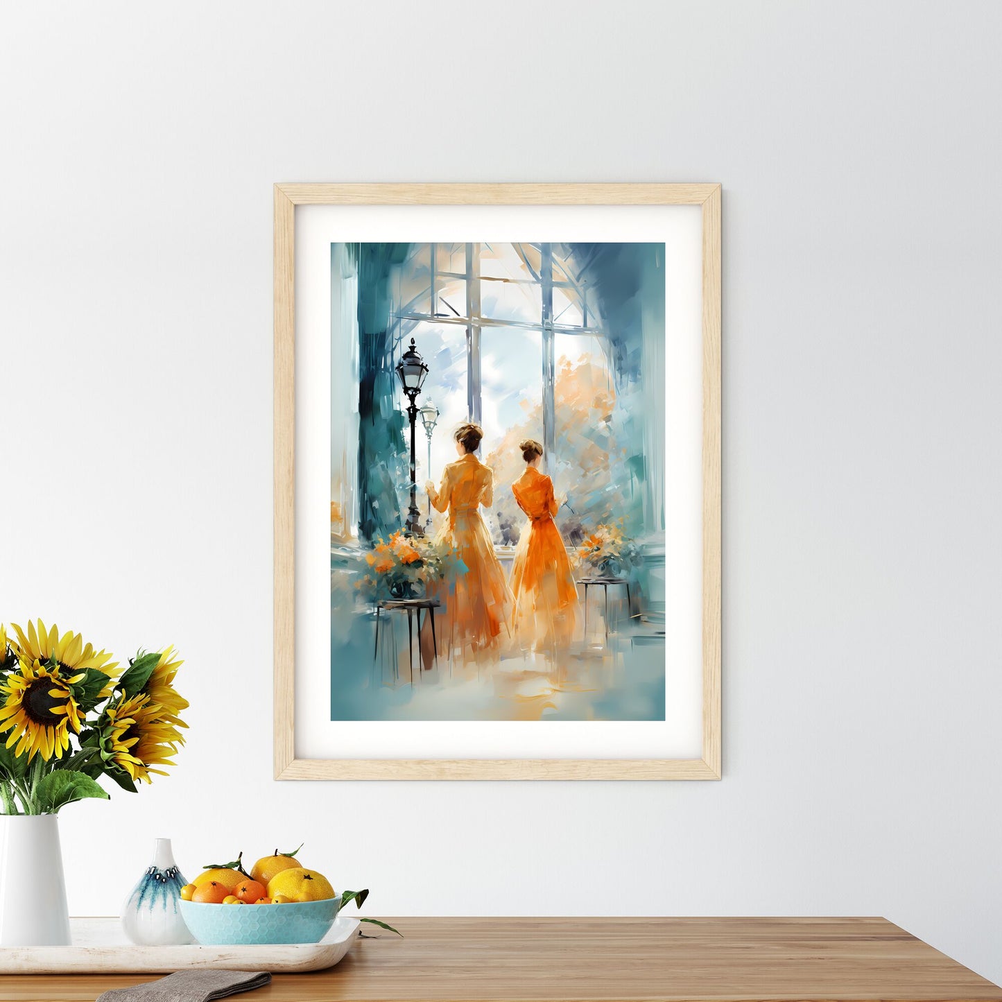 Two Women In Orange Dresses Looking Out A Window Art Print Default Title