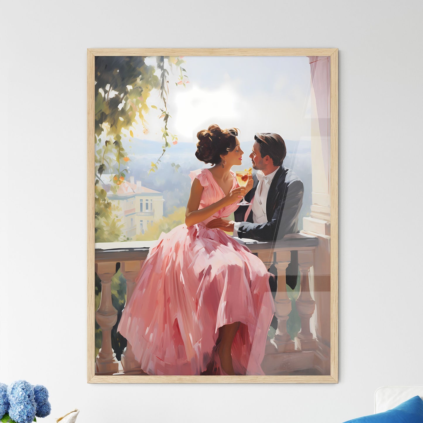 Man And Woman Sitting On A Balcony With A Glass Of Wine Art Print Default Title