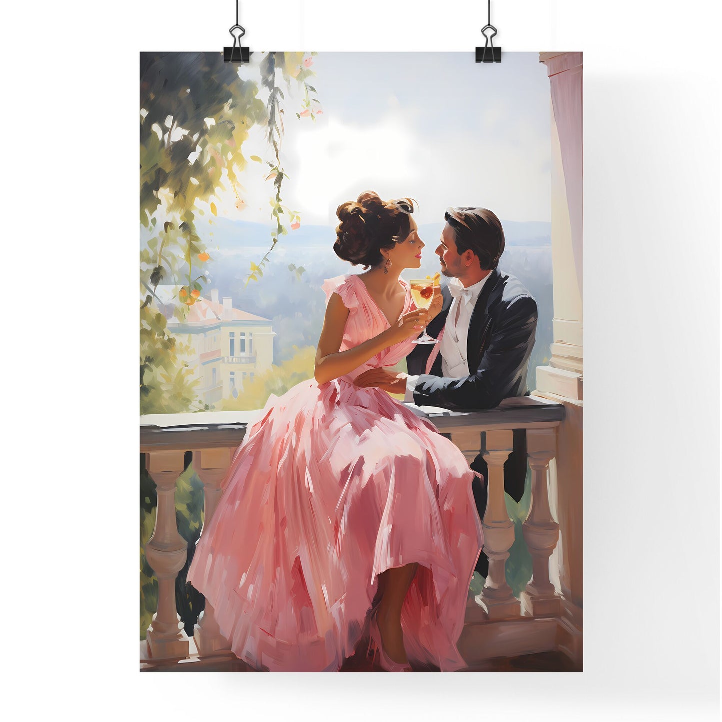 Man And Woman Sitting On A Balcony With A Glass Of Wine Art Print Default Title