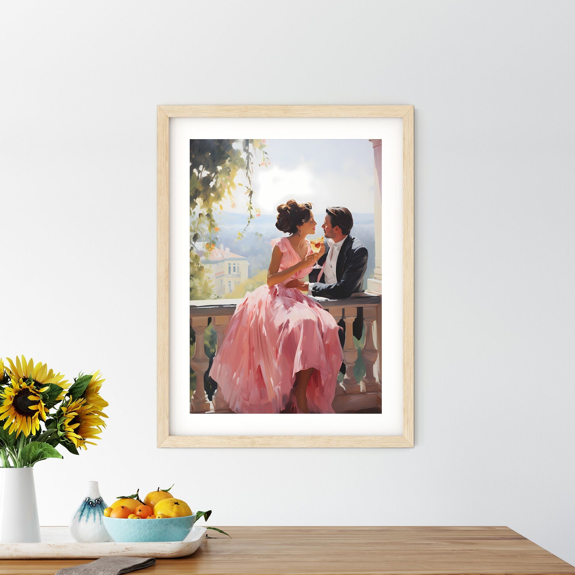 Man And Woman Sitting On A Balcony With A Glass Of Wine Art Print Default Title