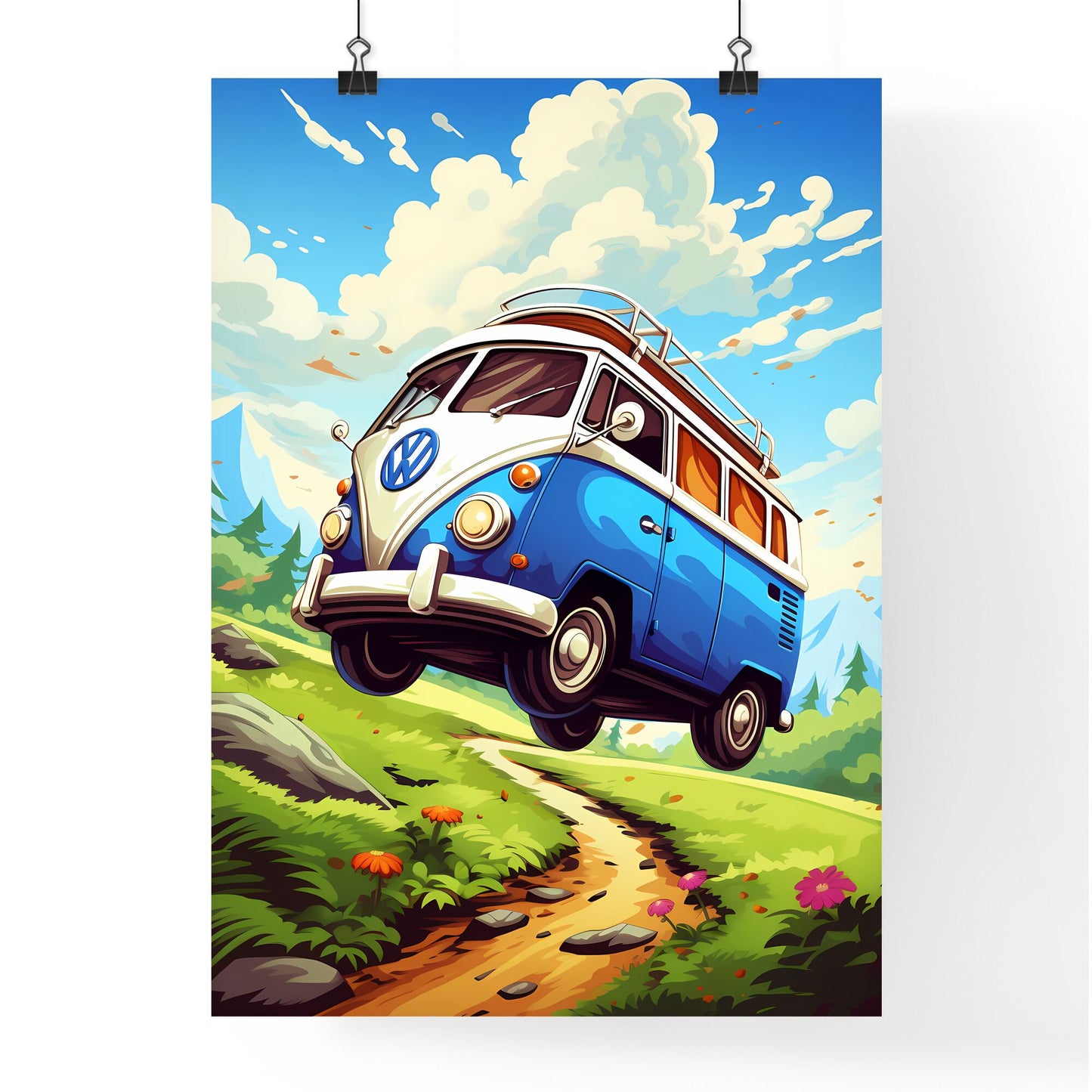 A Cartoon Van Flying Over A Road Art Print Default Title