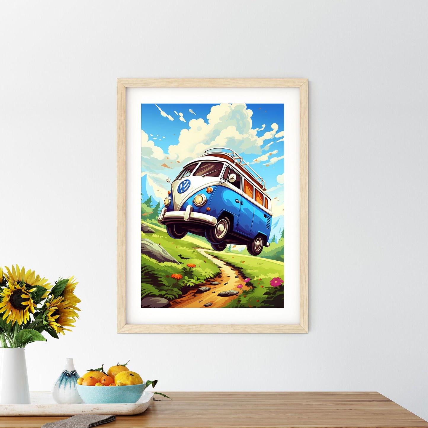 A Cartoon Van Flying Over A Road Art Print Default Title
