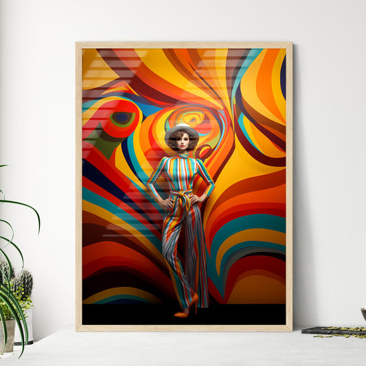 A Woman In A Striped Jumpsuit And Hat Posing In Front Of A Colorful Swirly Wall Art Print Default Title