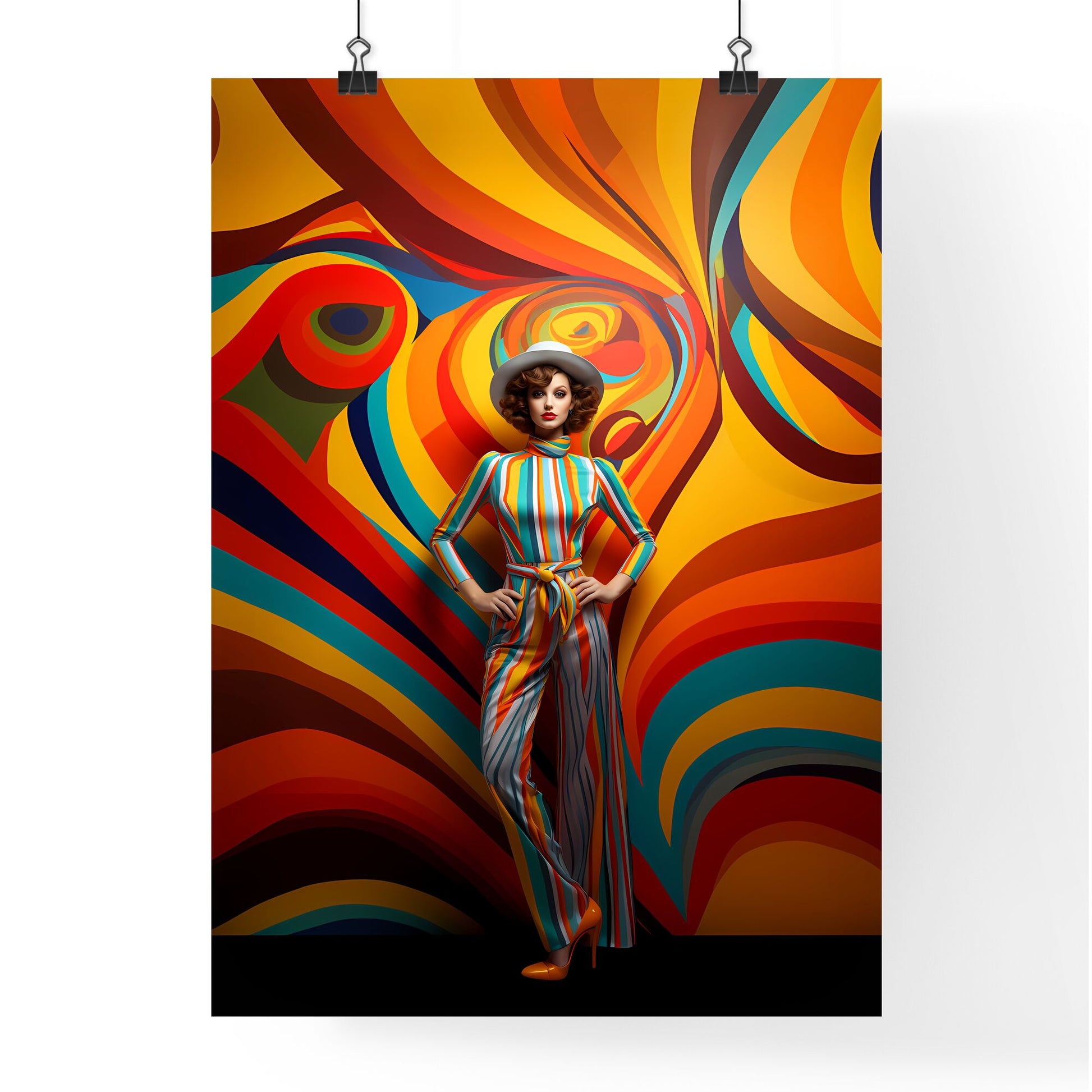 A Woman In A Striped Jumpsuit And Hat Posing In Front Of A Colorful Swirly Wall Art Print Default Title