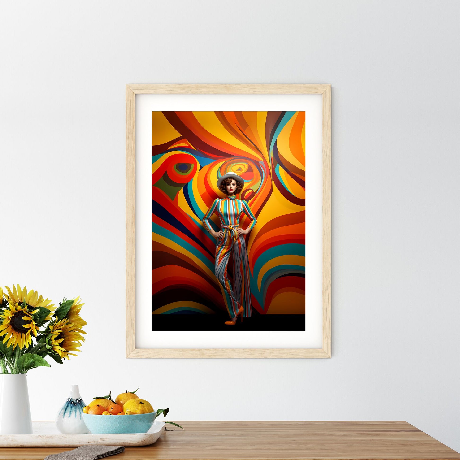 A Woman In A Striped Jumpsuit And Hat Posing In Front Of A Colorful Swirly Wall Art Print Default Title