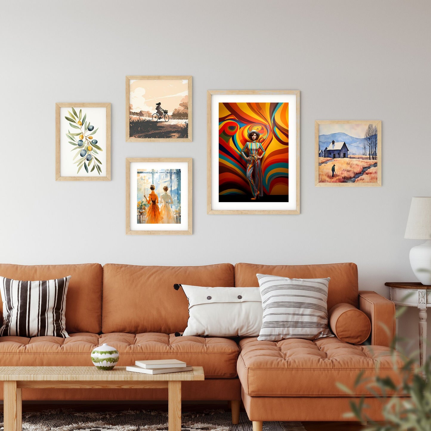 A Woman In A Striped Jumpsuit And Hat Posing In Front Of A Colorful Swirly Wall Art Print Default Title