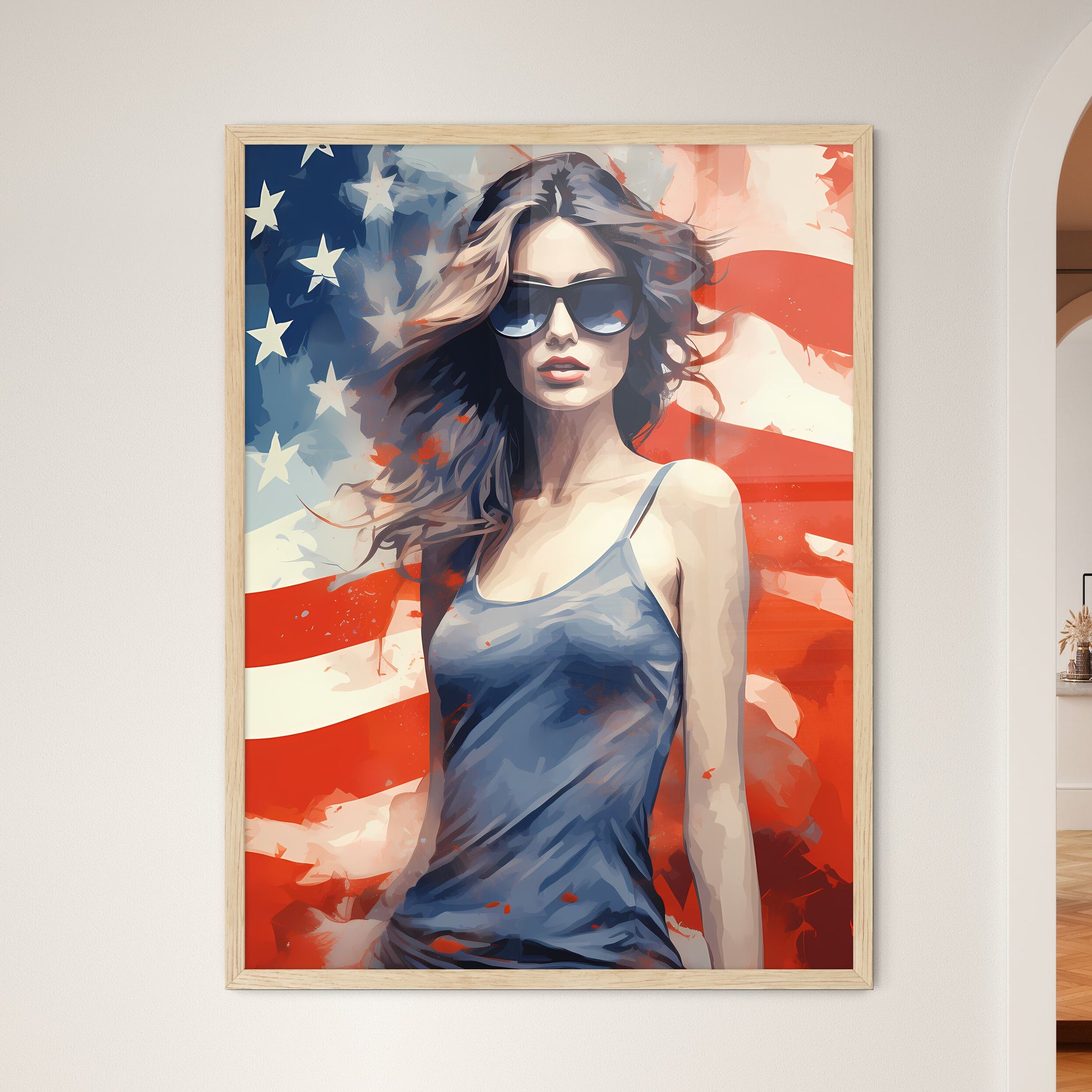 A Woman Wearing Sunglasses And Posing In Front Of A Flag Art Print Default Title