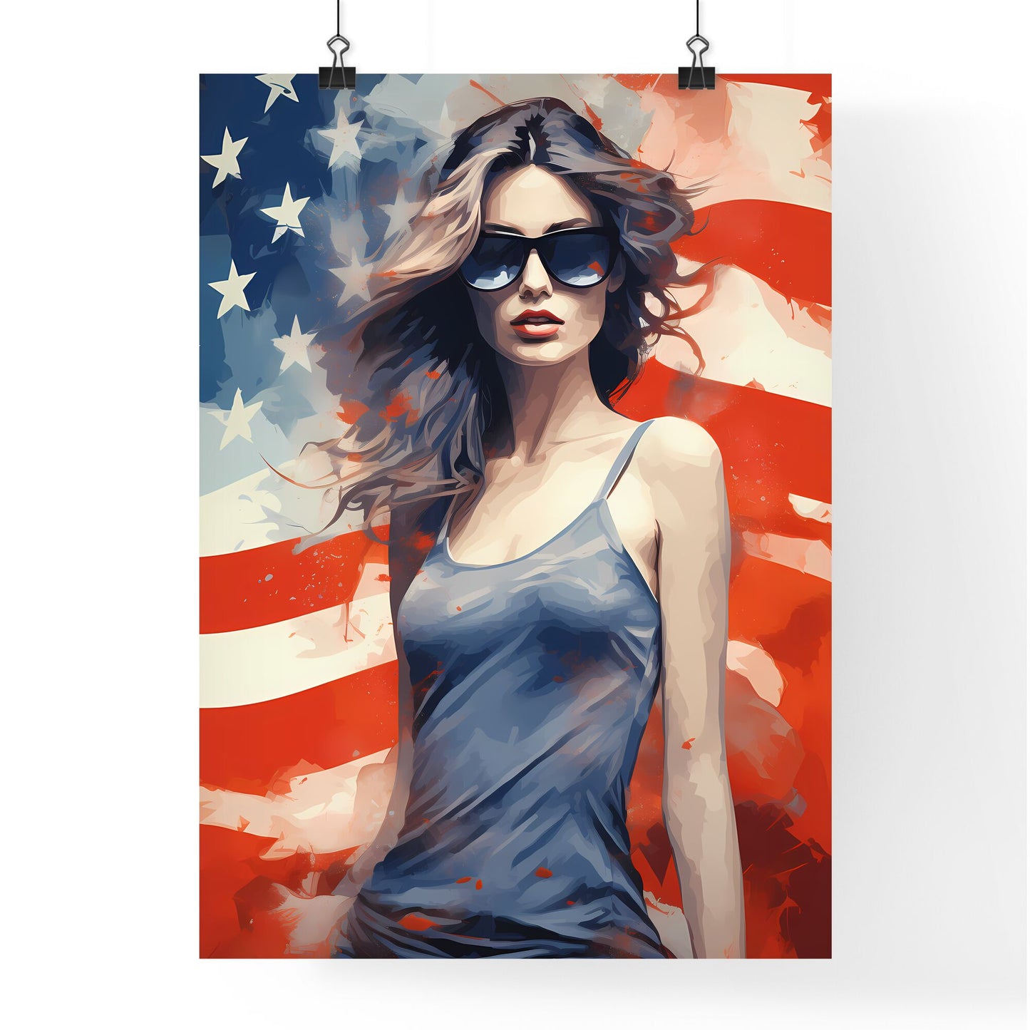 A Woman Wearing Sunglasses And Posing In Front Of A Flag Art Print Default Title