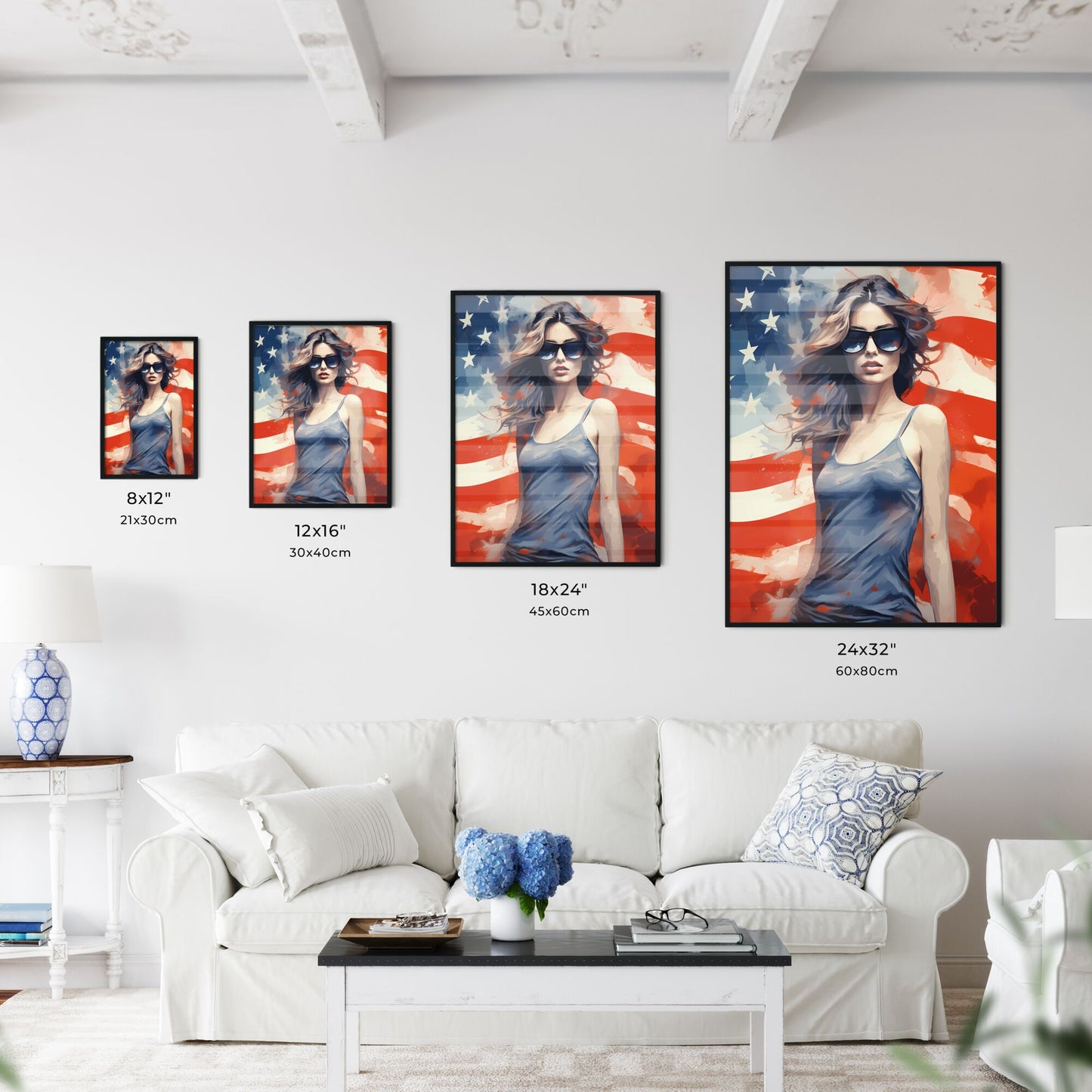 A Woman Wearing Sunglasses And Posing In Front Of A Flag Art Print Default Title