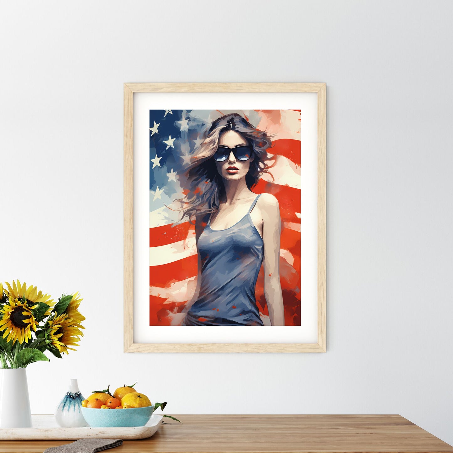 A Woman Wearing Sunglasses And Posing In Front Of A Flag Art Print Default Title