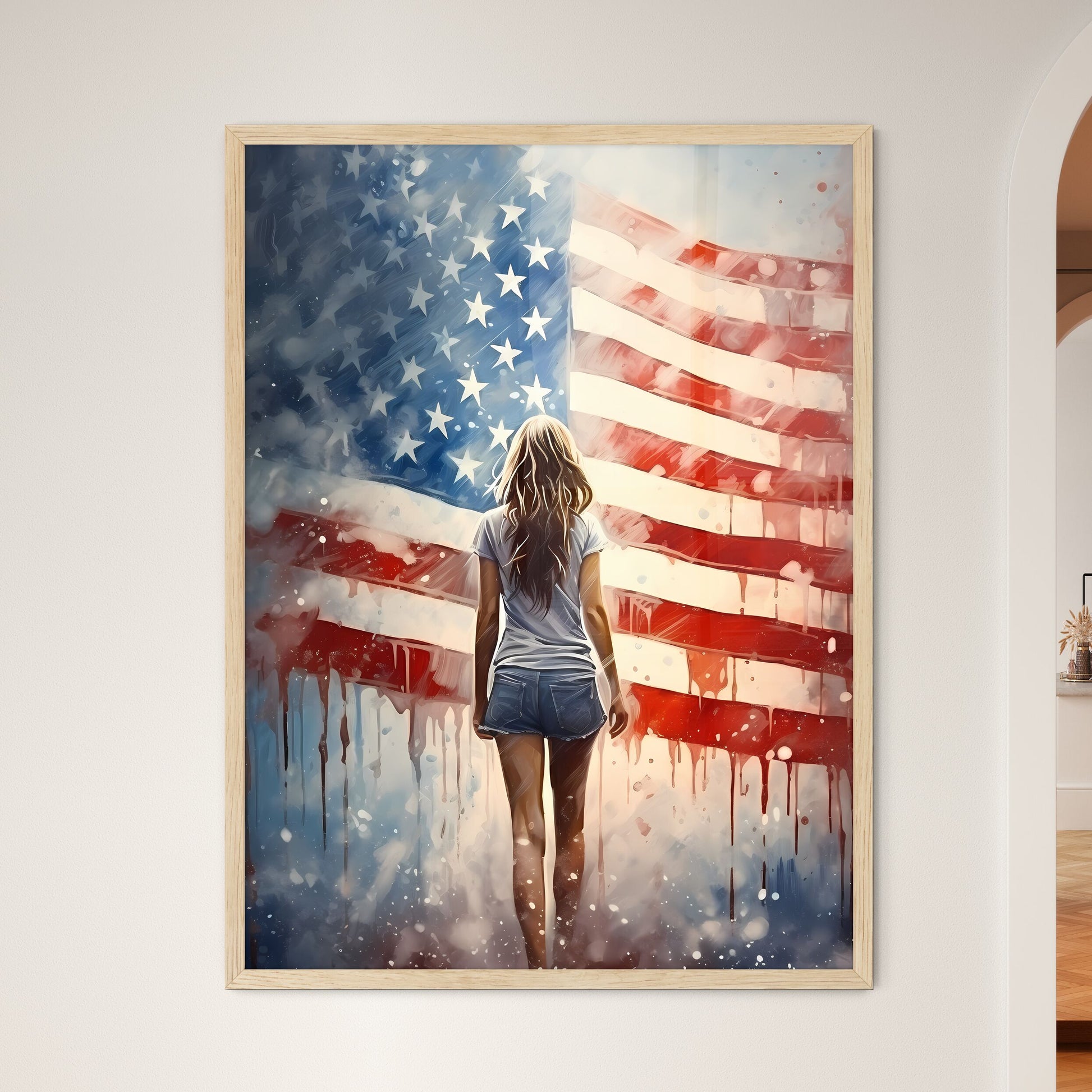 A Woman Walking In Front Of A Flag Art Print Default Title