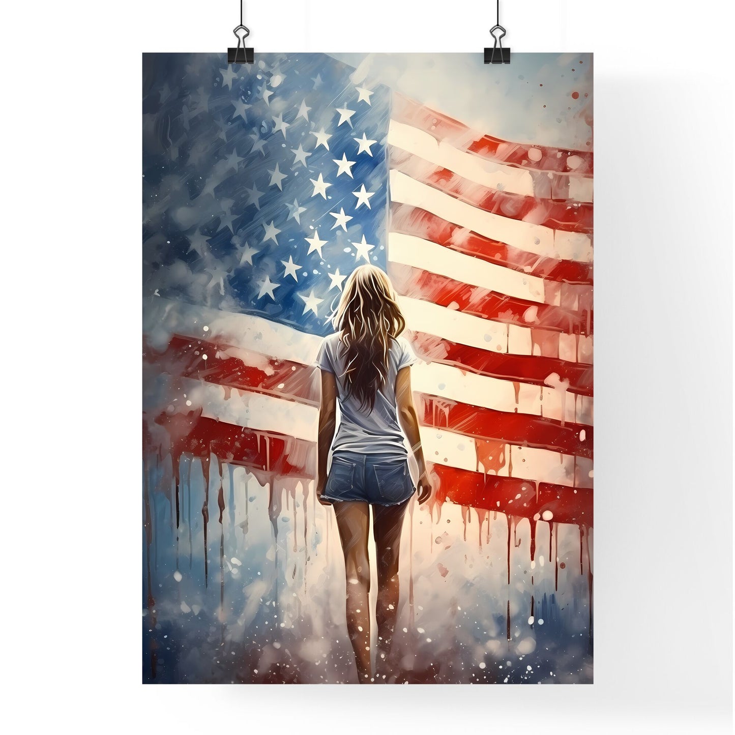 A Woman Walking In Front Of A Flag Art Print Default Title