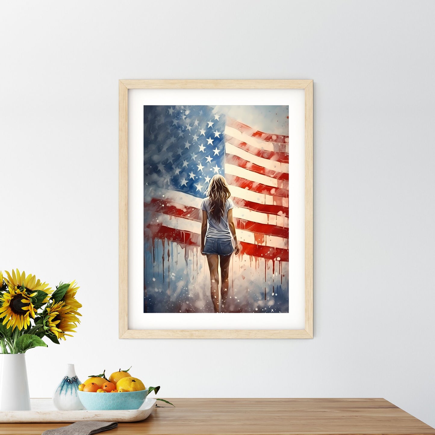 A Woman Walking In Front Of A Flag Art Print Default Title