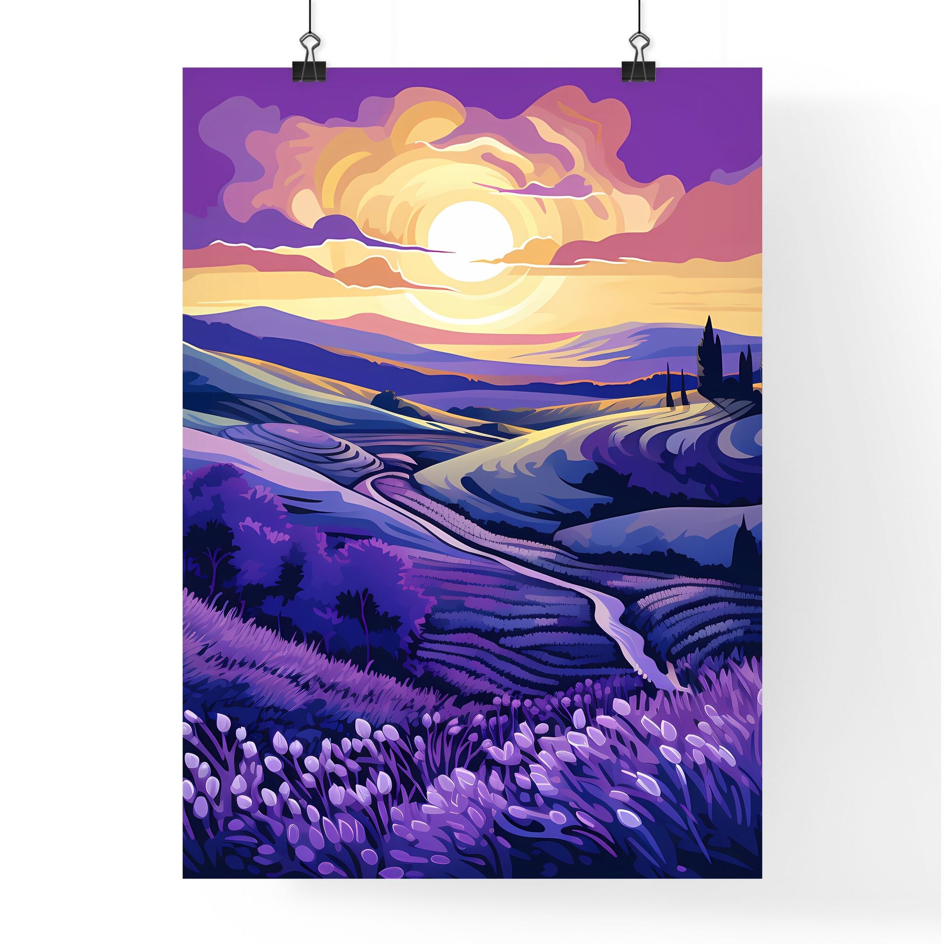 A Painting Of A Landscape With A Road And Lavender Fields Art Print Default Title