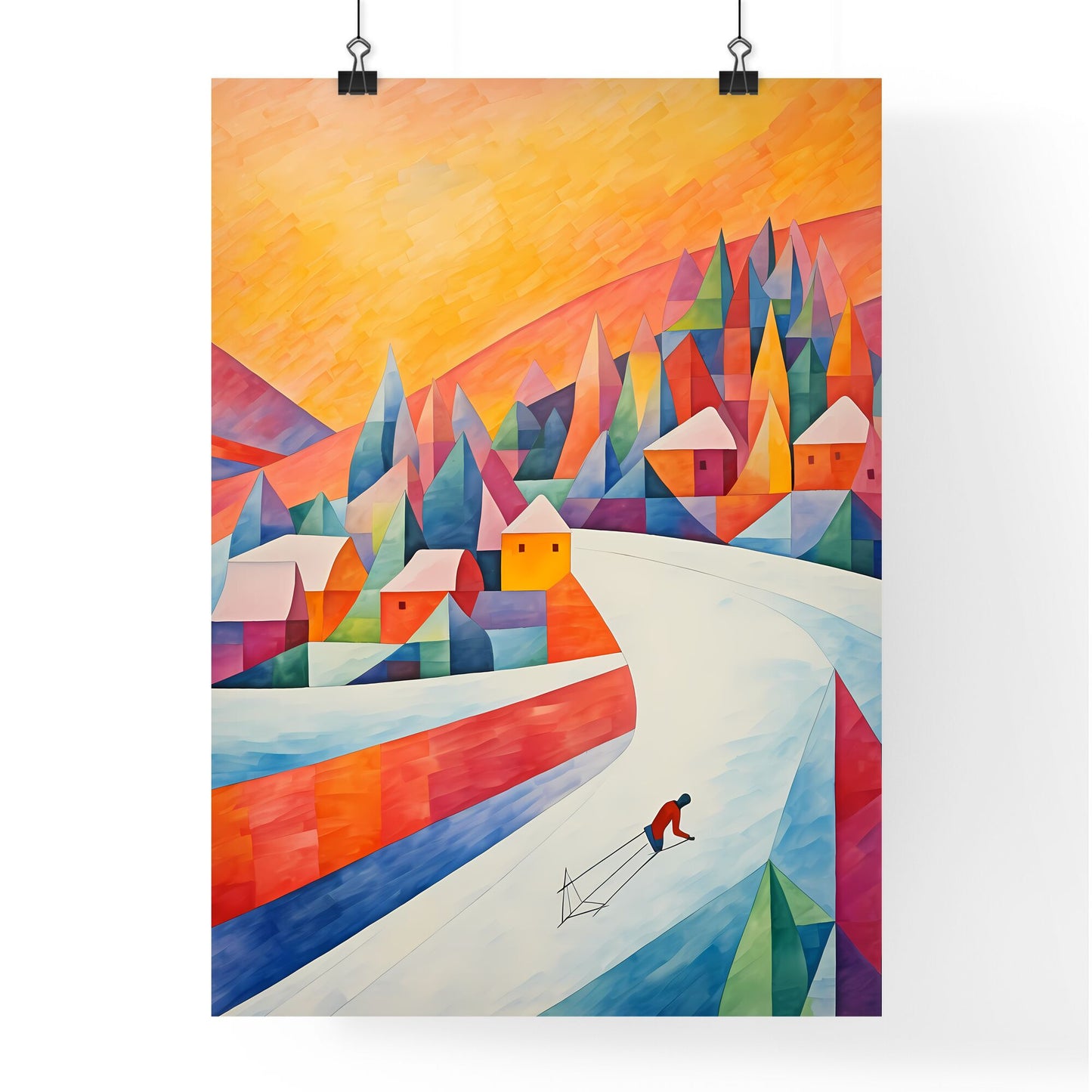 A Painting Of A Man Skiing Down A Road In A Colorful Landscape Art Print Default Title