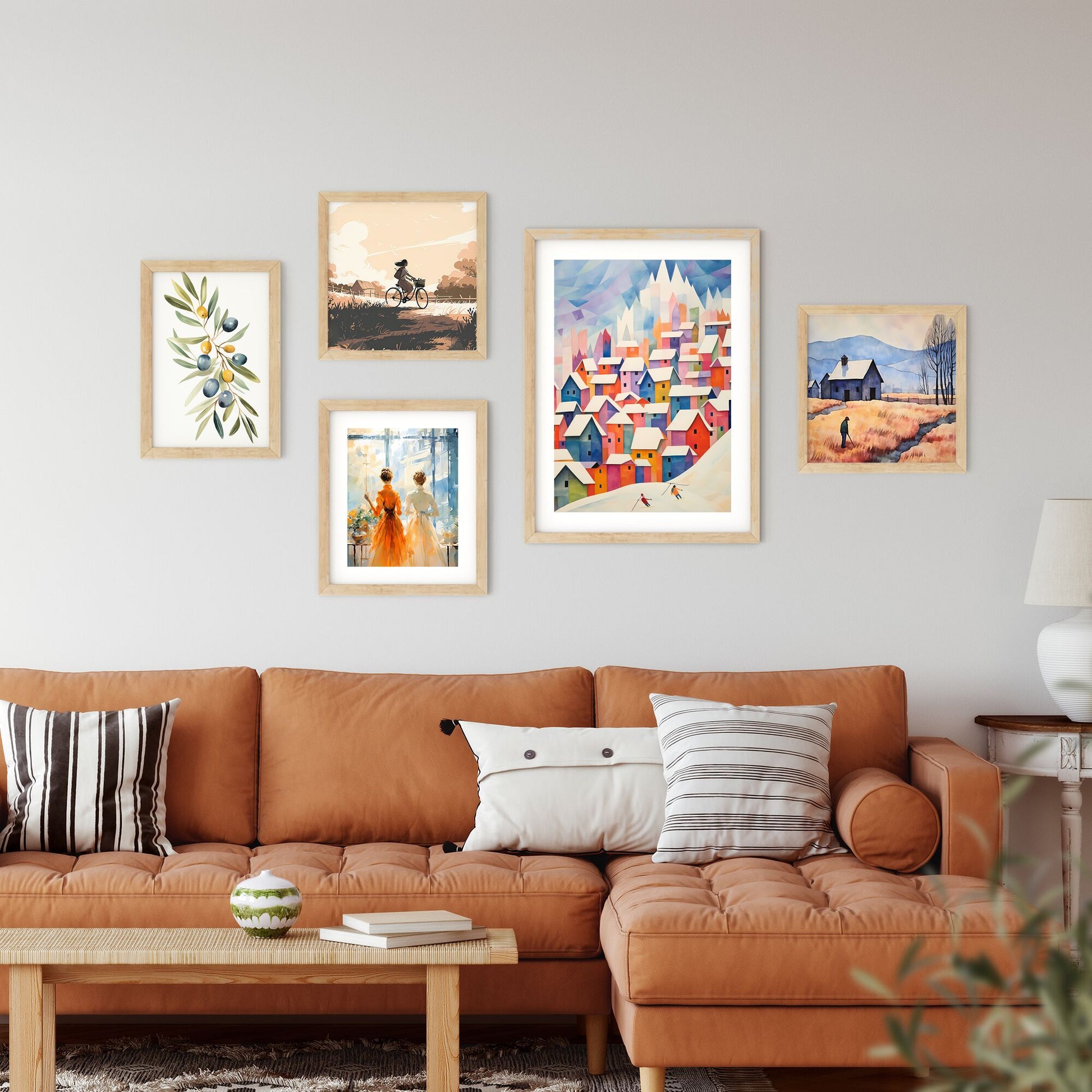 A Painting Of A Group Of Colorful Houses With Snow Art Print Default Title