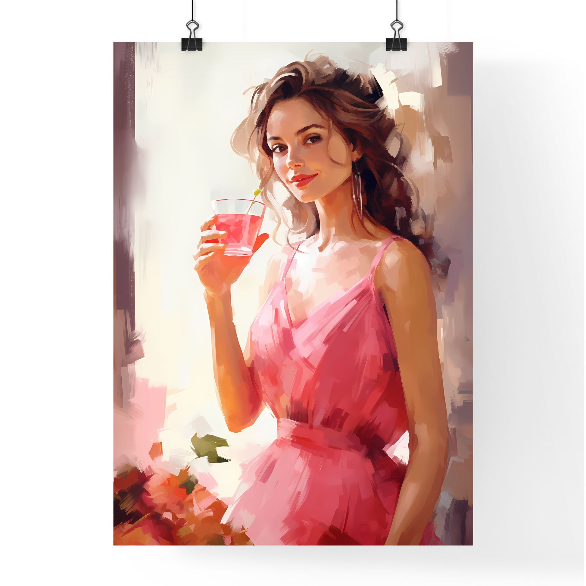 A Woman In A Pink Dress Holding A Drink Art Print Default Title