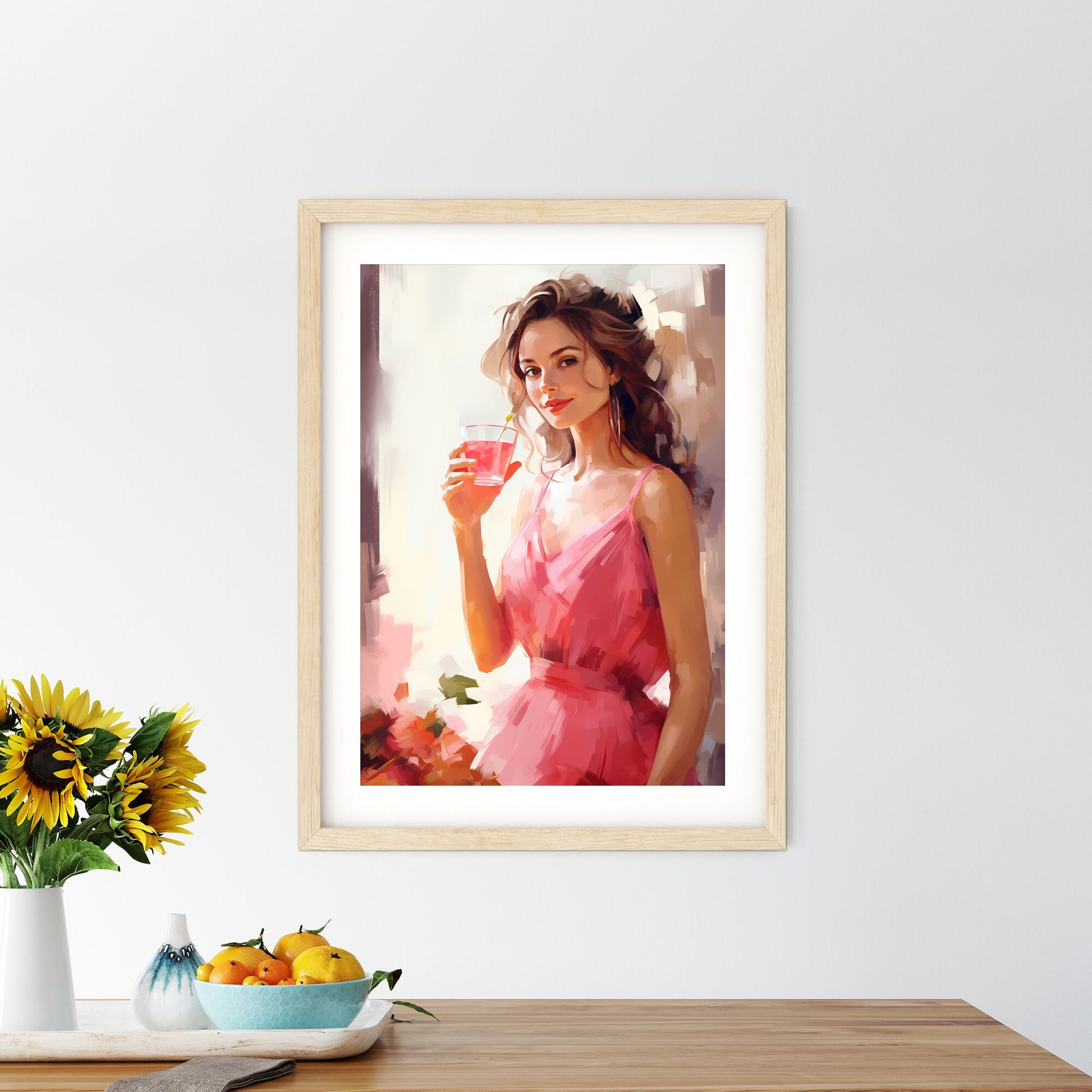 A Woman In A Pink Dress Holding A Drink Art Print Default Title