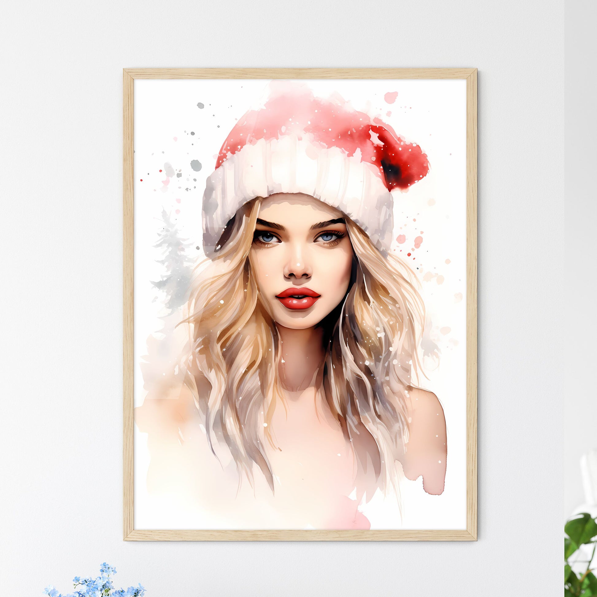 Watercolor Of A Woman Wearing A Santa Hat Ar - Framed Art Print