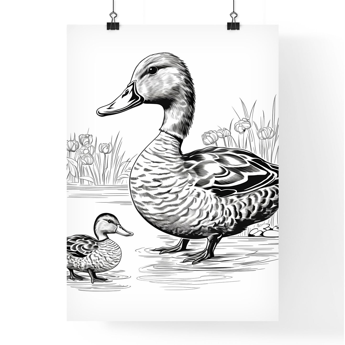 Black And White Drawing Of A Duck And A Duckling Art Print Default Title