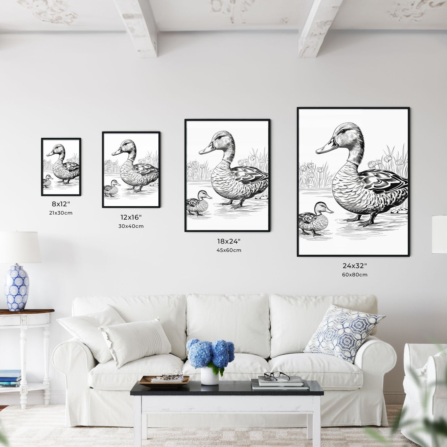 Black And White Drawing Of A Duck And A Duckling Art Print Default Title