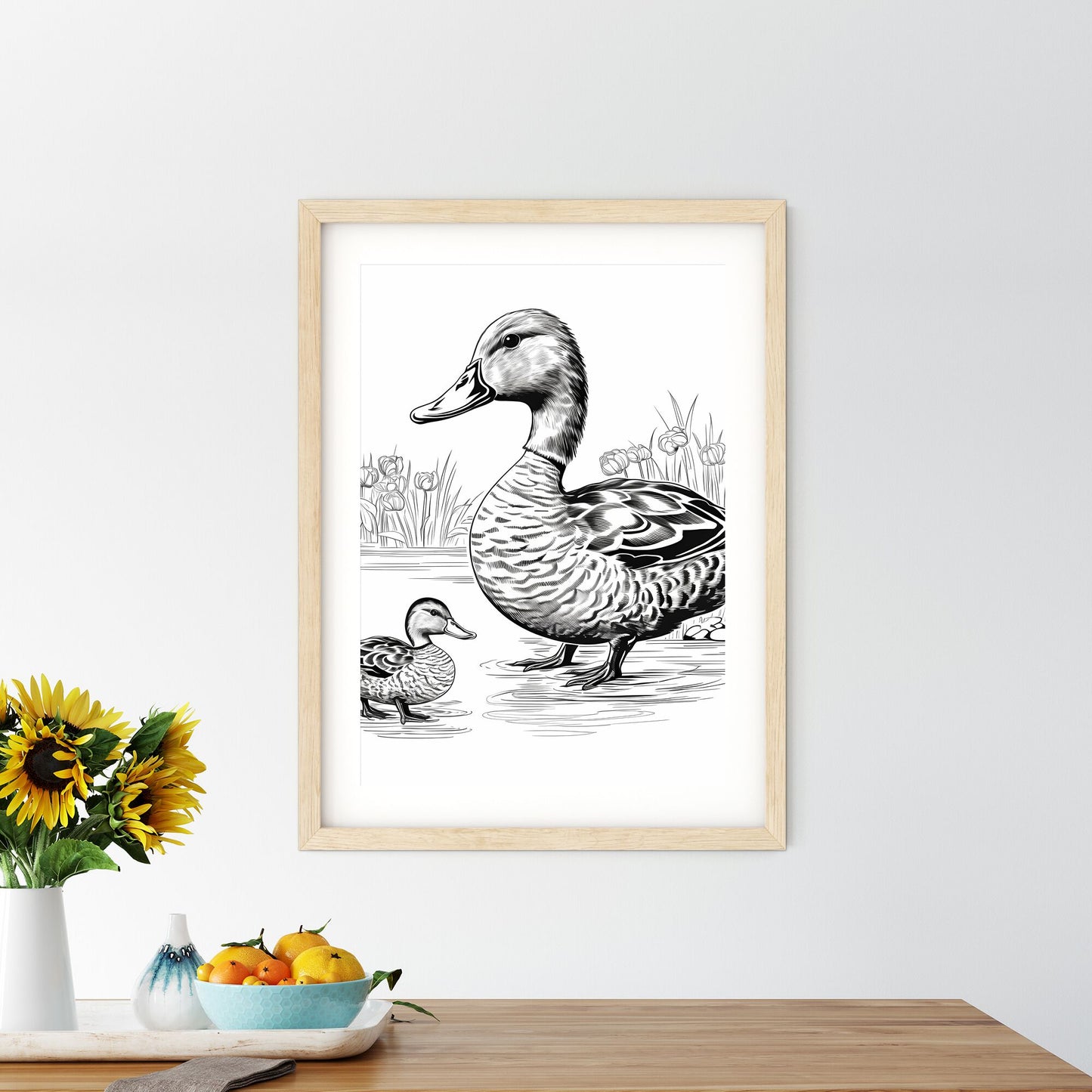 Black And White Drawing Of A Duck And A Duckling Art Print Default Title