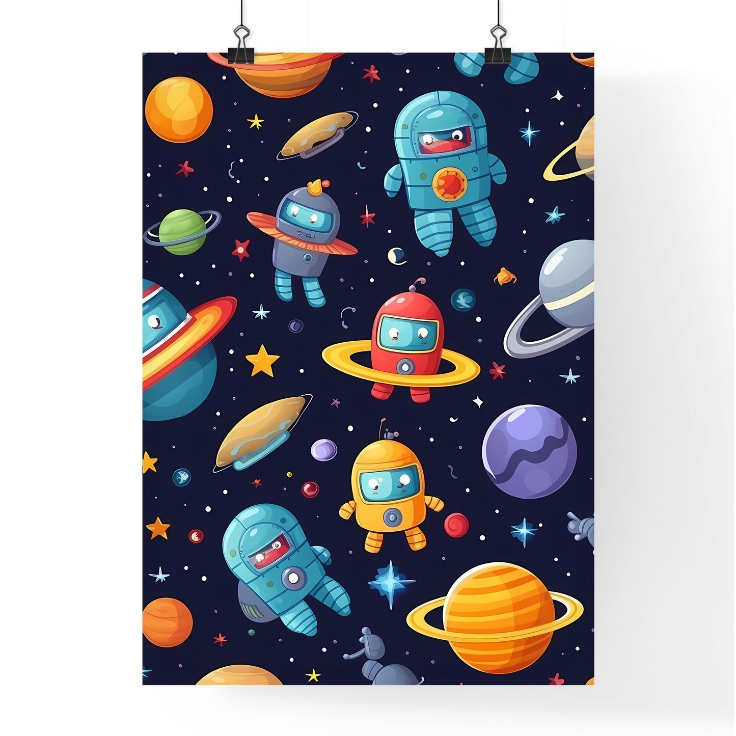 Seamless Pattern Of Cartoon Robots And Planets Art Print Default Title