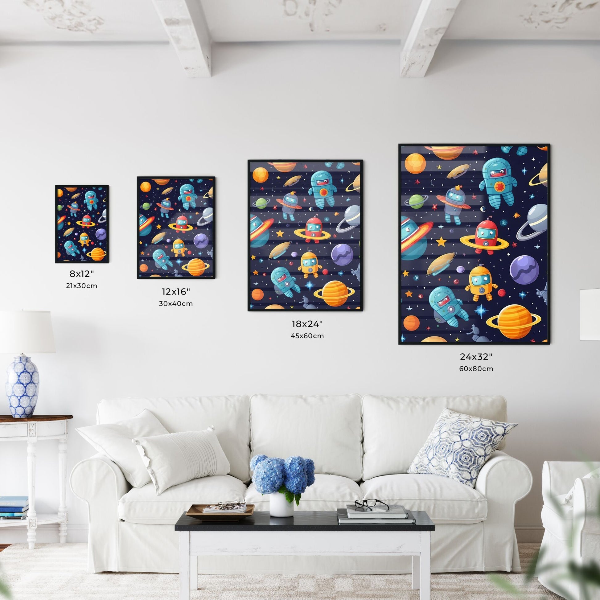 Seamless Pattern Of Cartoon Robots And Planets Art Print Default Title