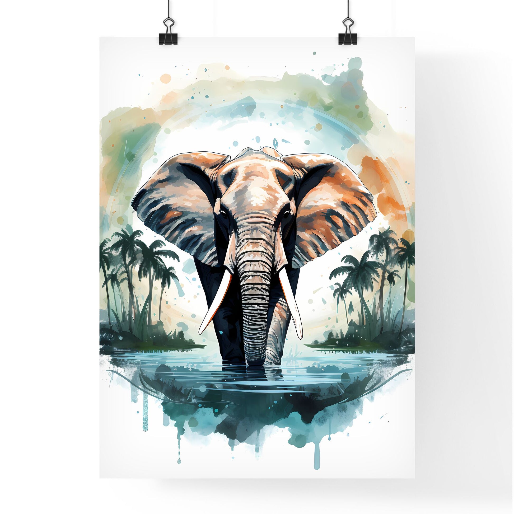 An Elephant In Water With Palm Trees Art Print Default Title