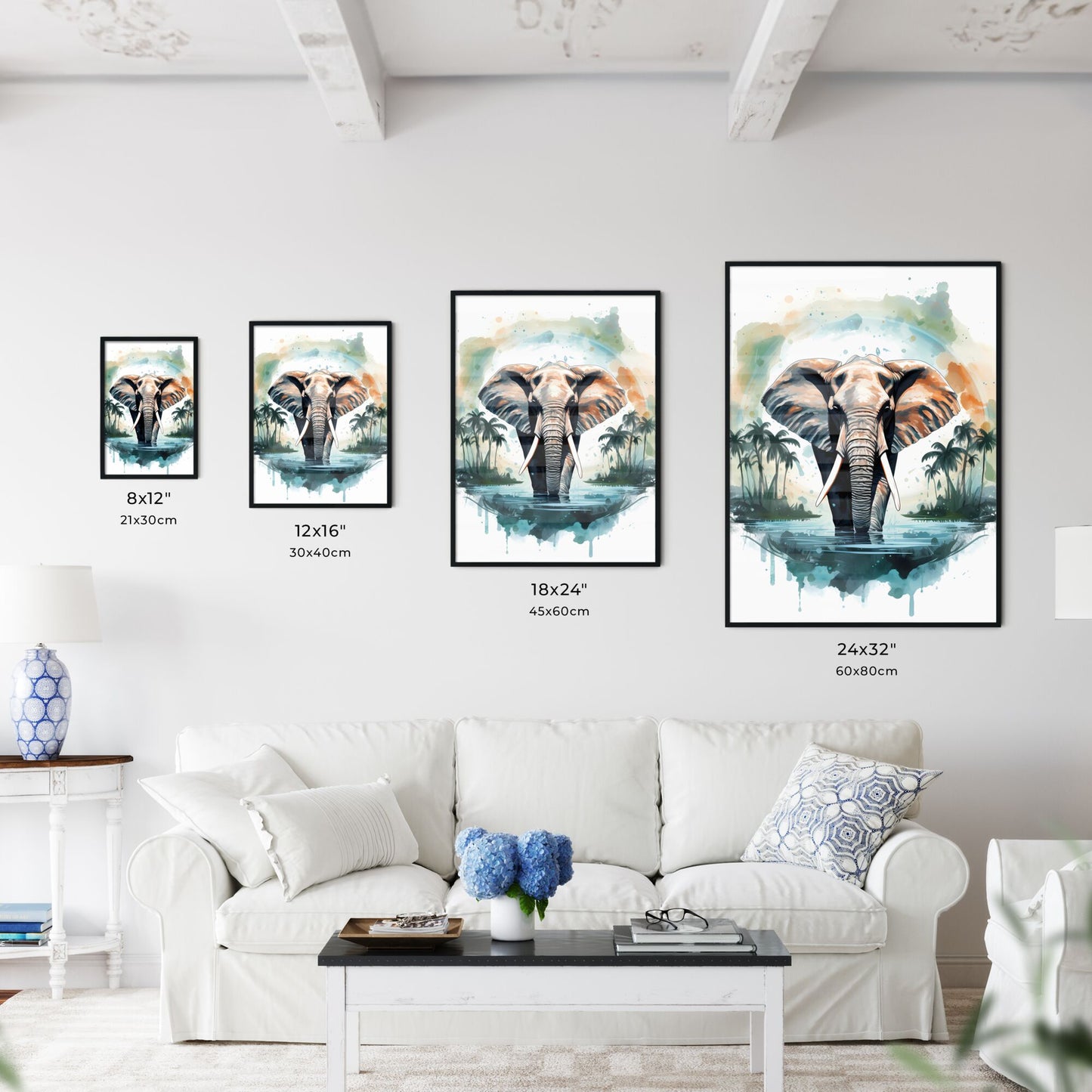 An Elephant In Water With Palm Trees Art Print Default Title