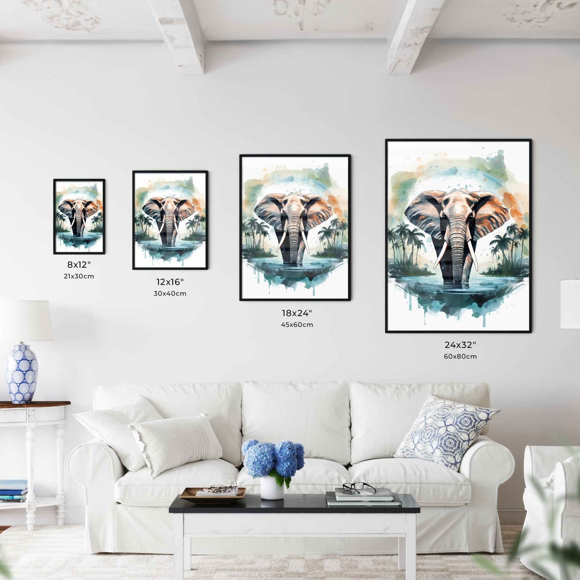 An Elephant In Water With Palm Trees Art Print Default Title