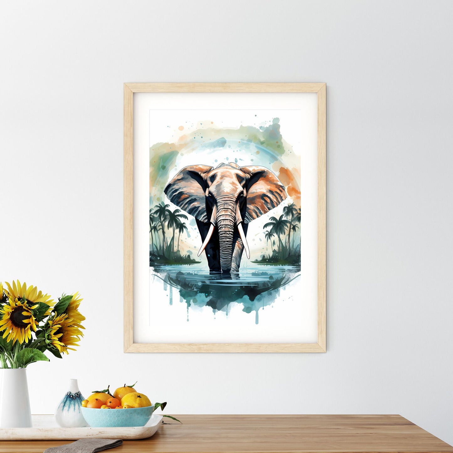 An Elephant In Water With Palm Trees Art Print Default Title