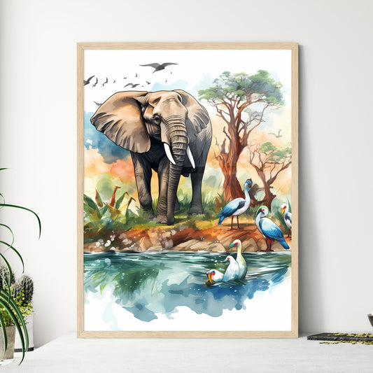 An Elephant And Birds In Water Art Print Default Title