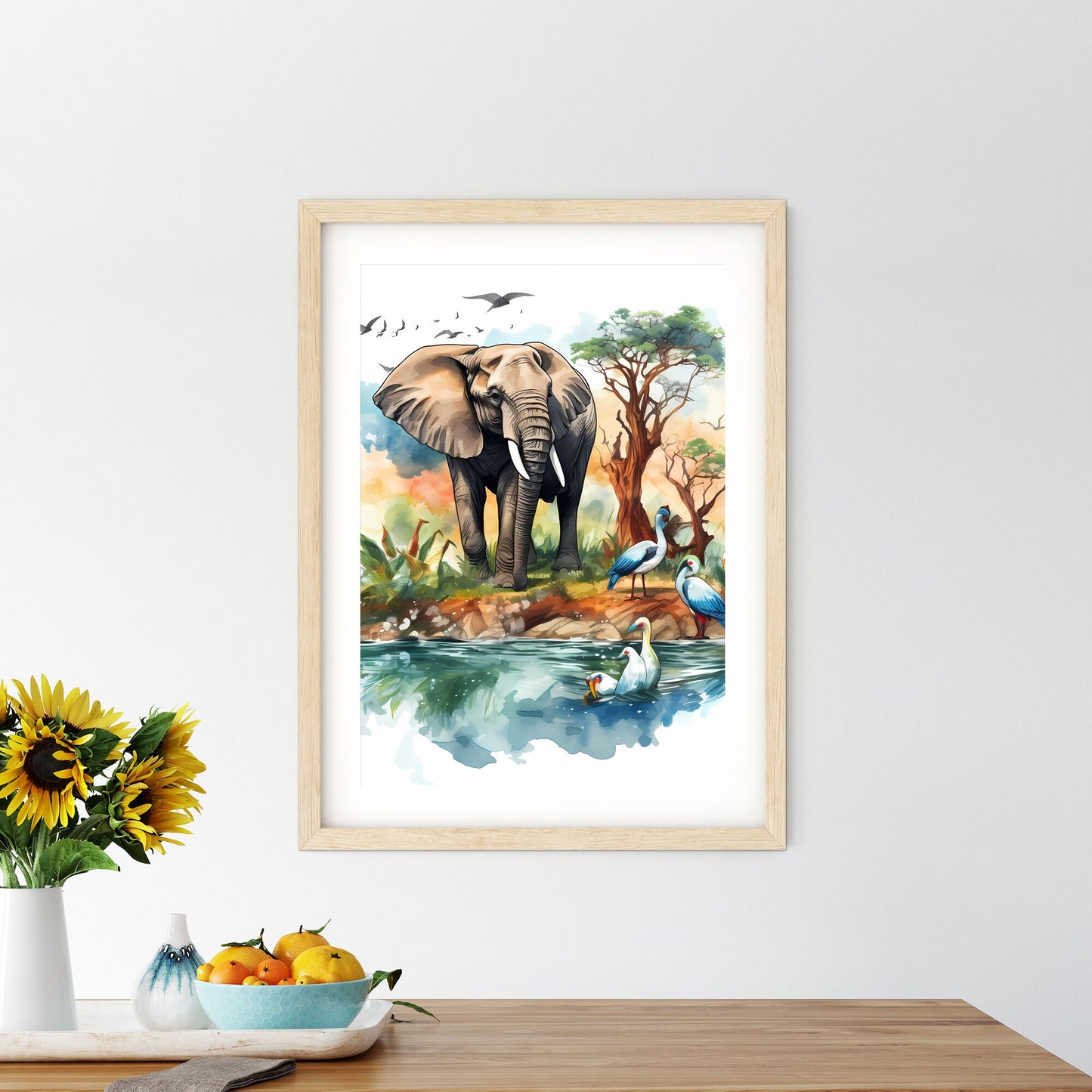 An Elephant And Birds In Water Art Print Default Title