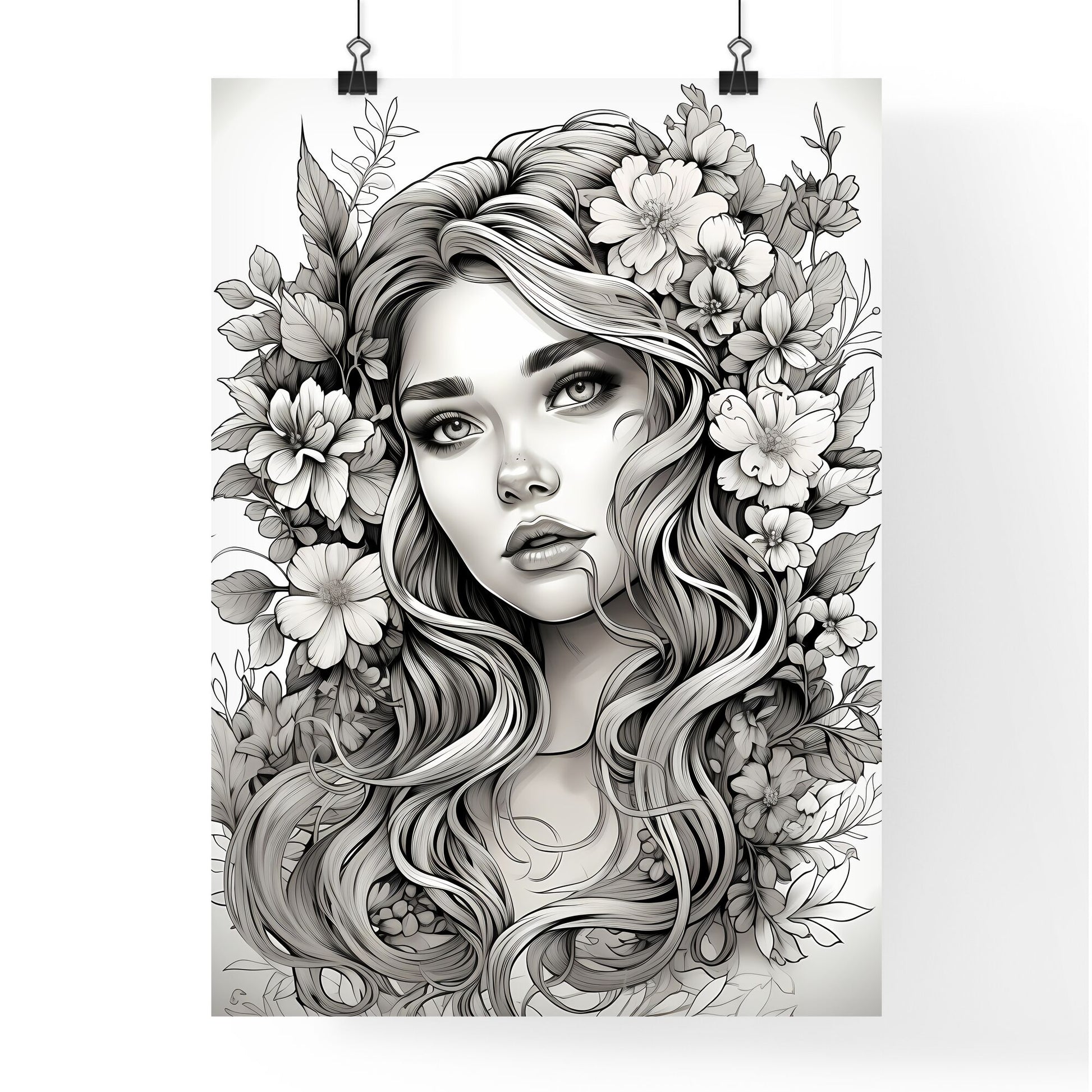 Woman With Long Hair And Flowers Art Print Default Title