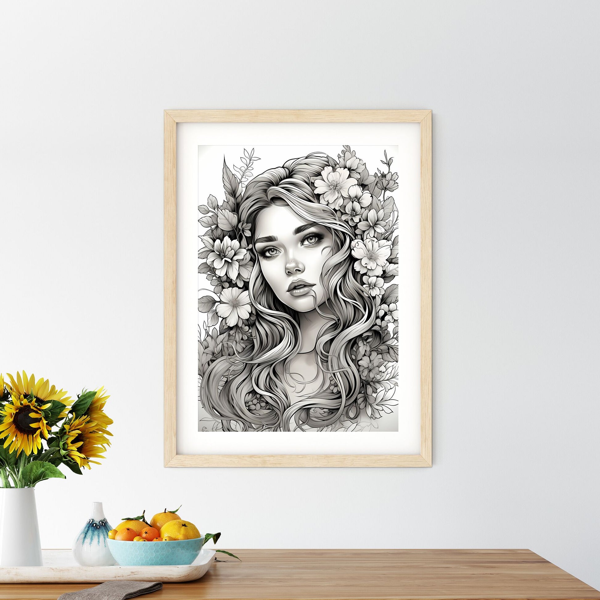 Woman With Long Hair And Flowers Art Print Default Title