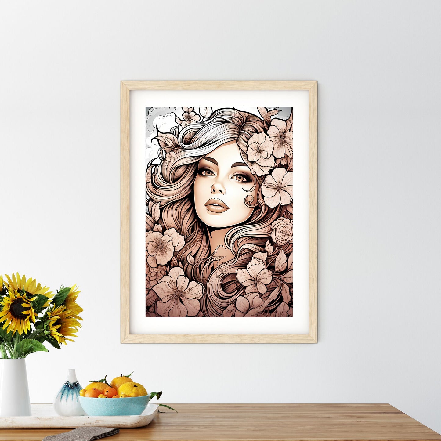 Woman With Long Hair And Flowers Art Print Default Title