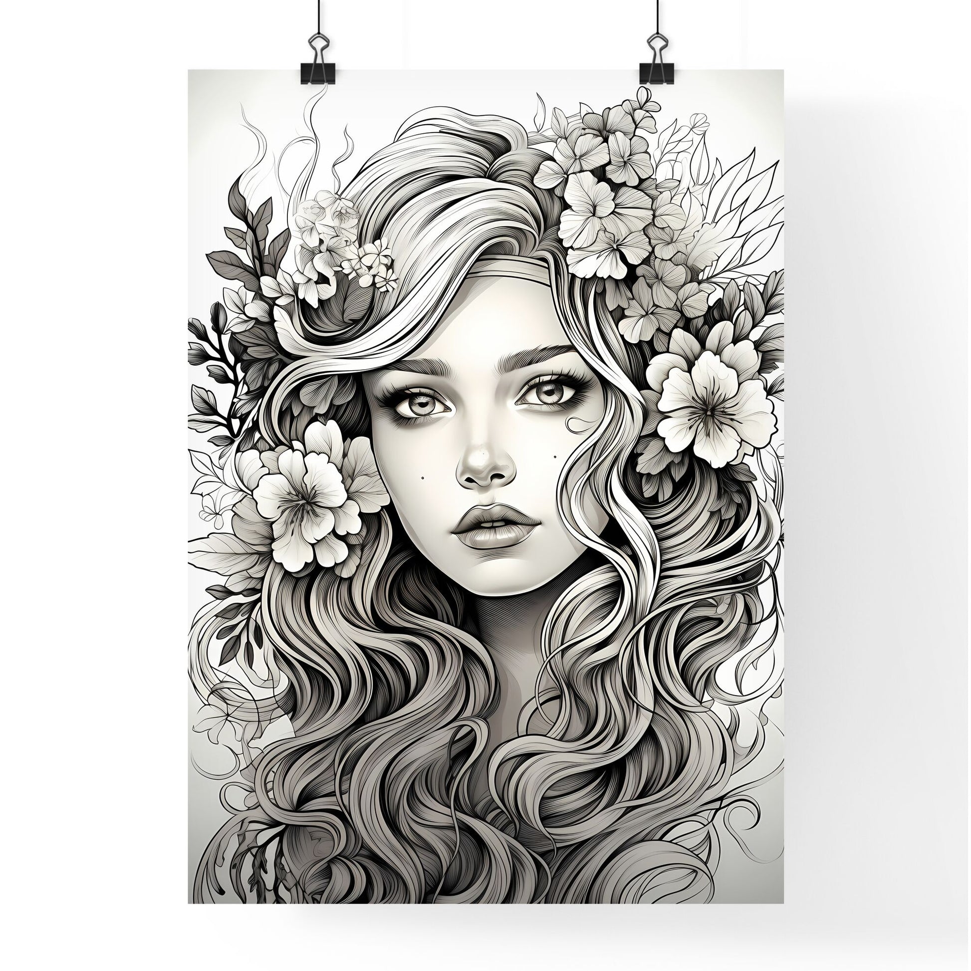 Drawing Of A Woman With Flowers In Her Hair Art Print Default Title