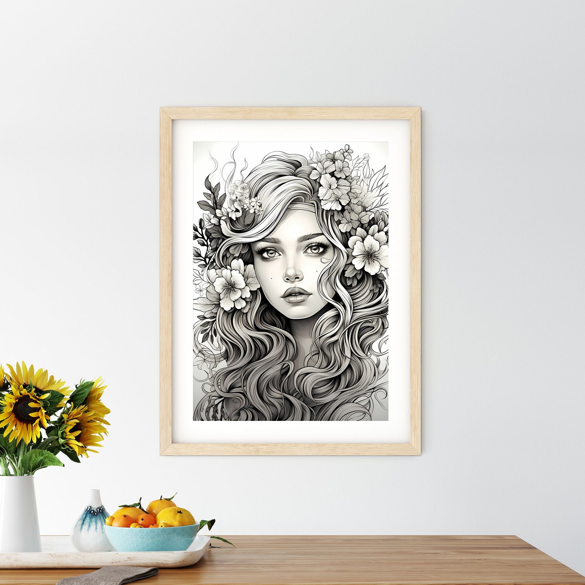 Drawing Of A Woman With Flowers In Her Hair Art Print Default Title