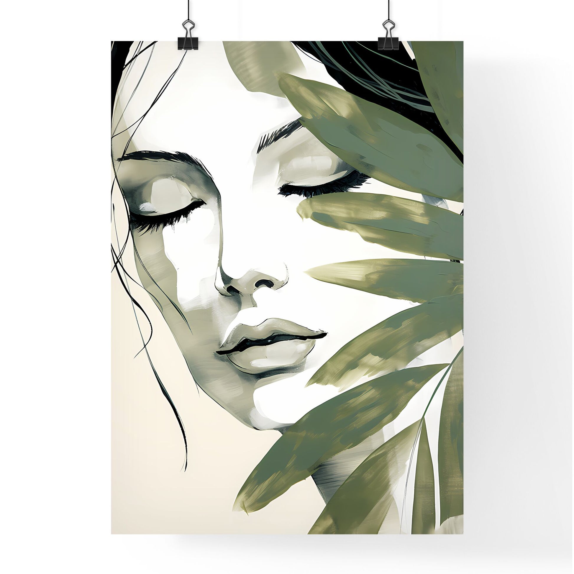 Woman With Her Eyes Closed And A Leaf Art Print Default Title