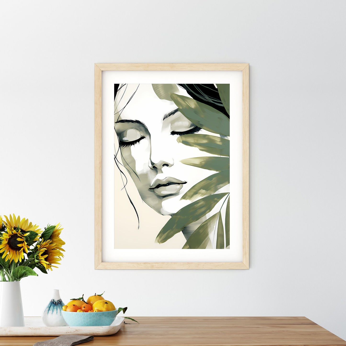 Woman With Her Eyes Closed And A Leaf Art Print Default Title