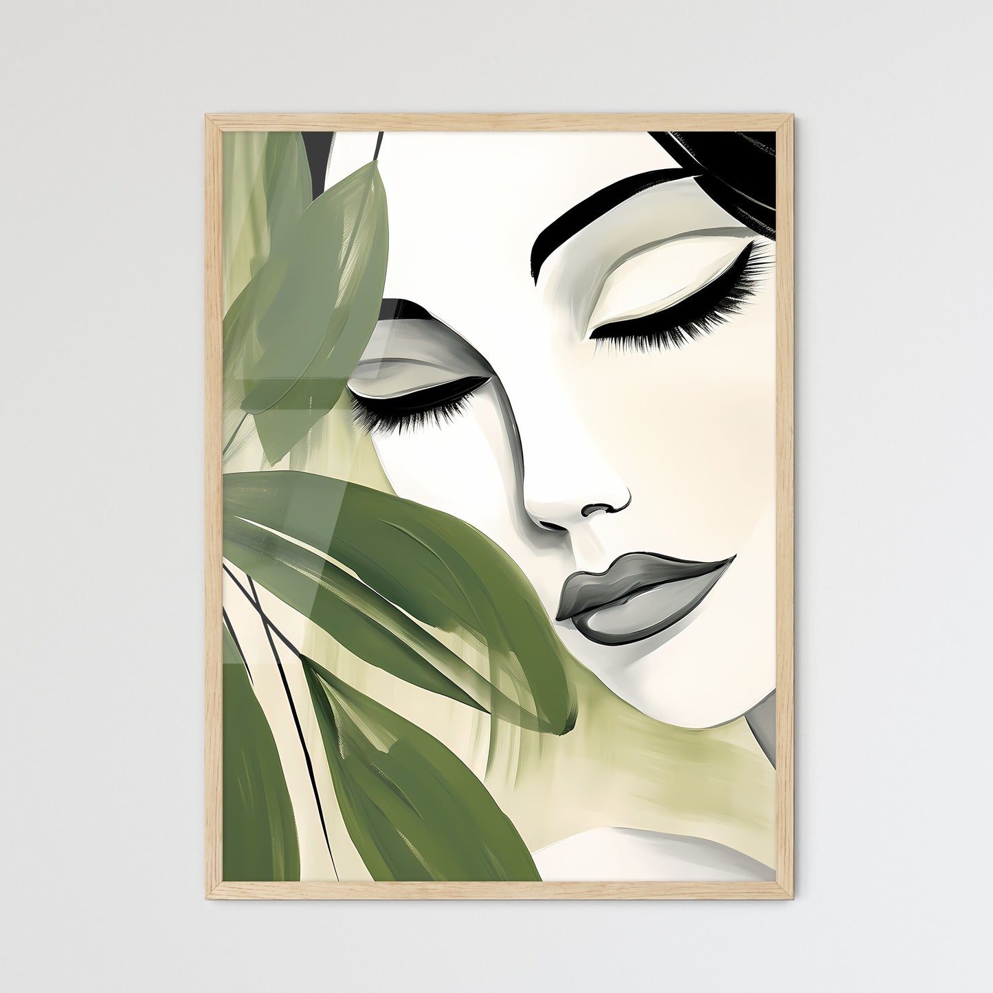 Woman With Eyes Closed And Green Leaves Art Print Default Title